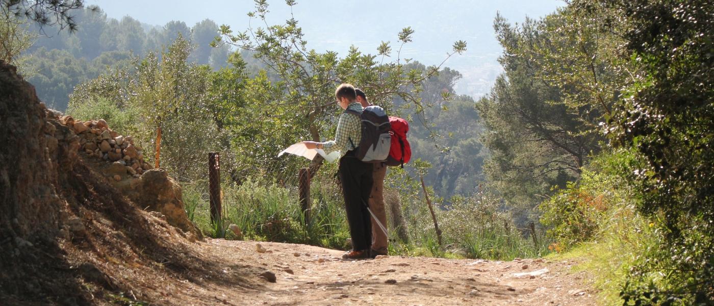 Two people standing on a wooded path looking at a map